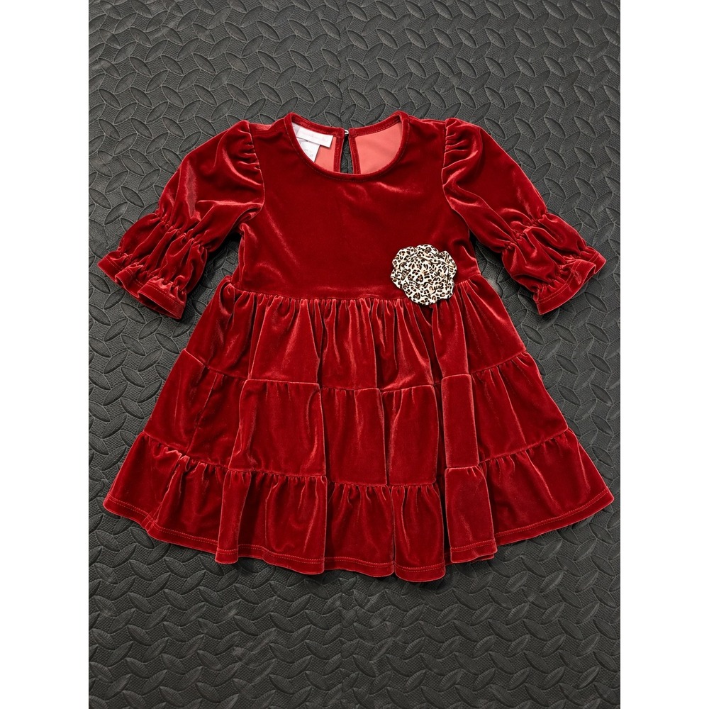 Bonnie Jean Toddler Girls Red Velvet Tiered Dress Leopard Flower W2-11563-PT 2T